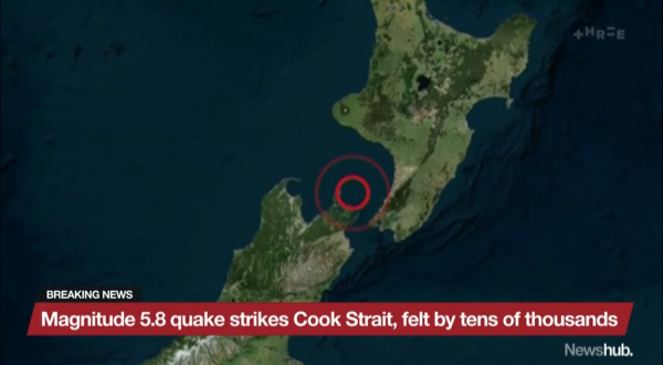 昨晚库克海峡发生5.4级地震，惠灵顿震感强烈，无余震