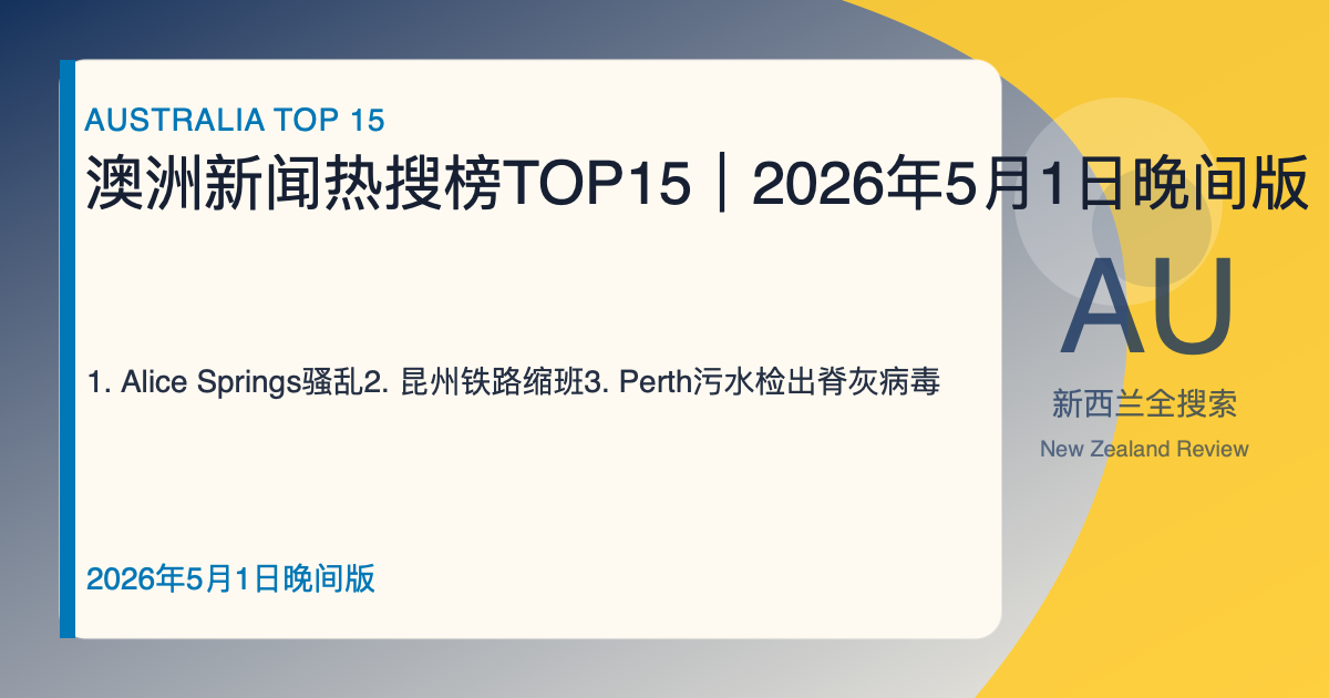 澳洲新闻热搜榜TOP15｜2026年5月1日晚间版｜Alice Springs骚乱、昆州铁路缩班、Perth污水检出脊灰病毒 封面图