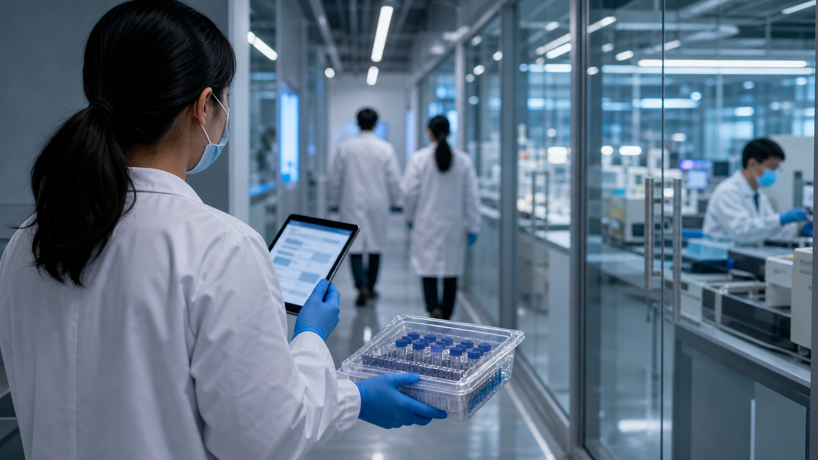 A contemporary biomedical research corridor with sealed sample trays and blurred digital equipment