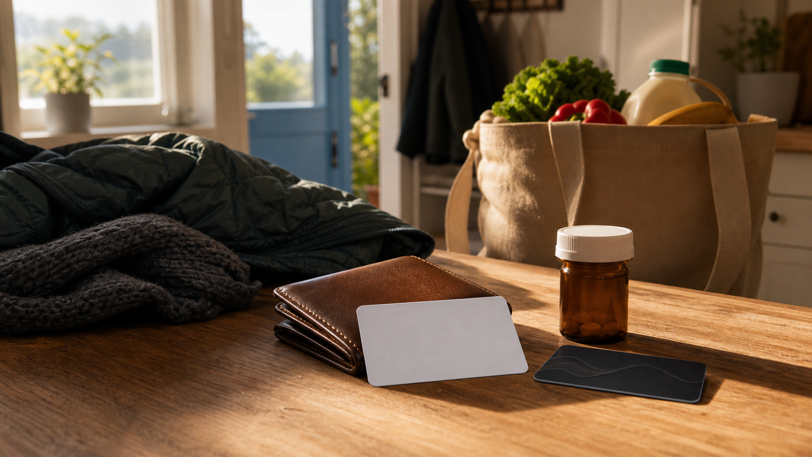 A wallet, groceries and a blank card on a New Zealand kitchen bench