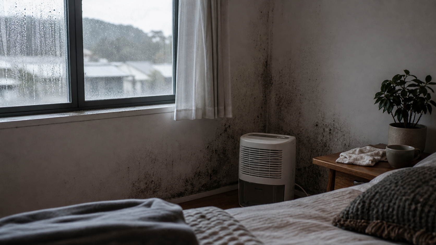 A damp New Zealand bedroom window with condensation and a dehumidifier