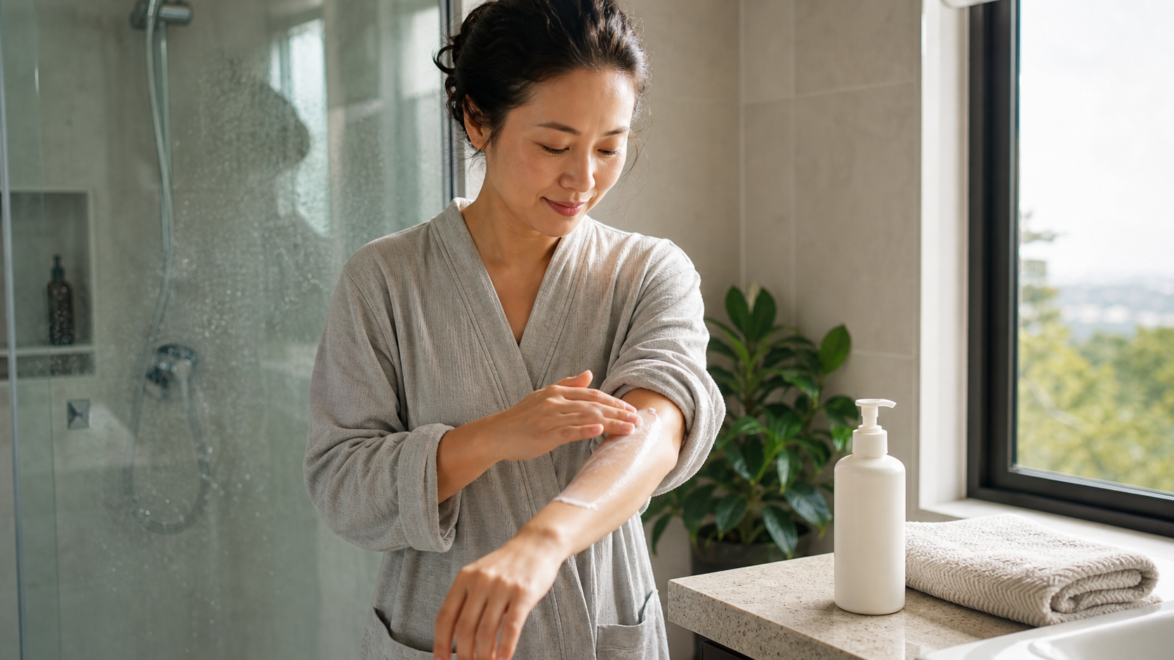 新西兰浴室清晨光线下，一位成年人在手臂上涂抹无标签保湿乳，体现冬季保湿的日常场景。