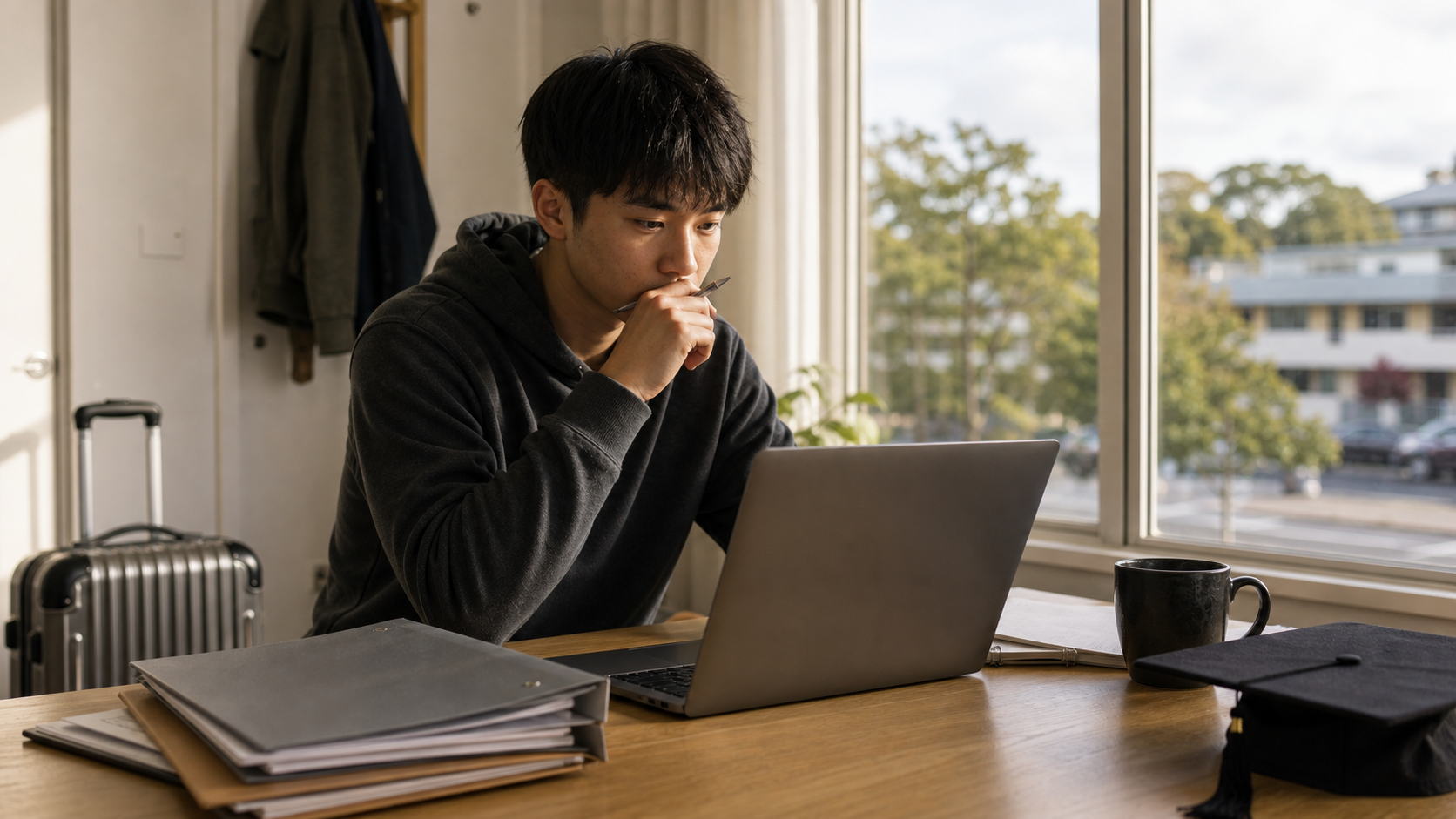 新西兰留学生在公寓内查看电脑和文件规划毕业后工签