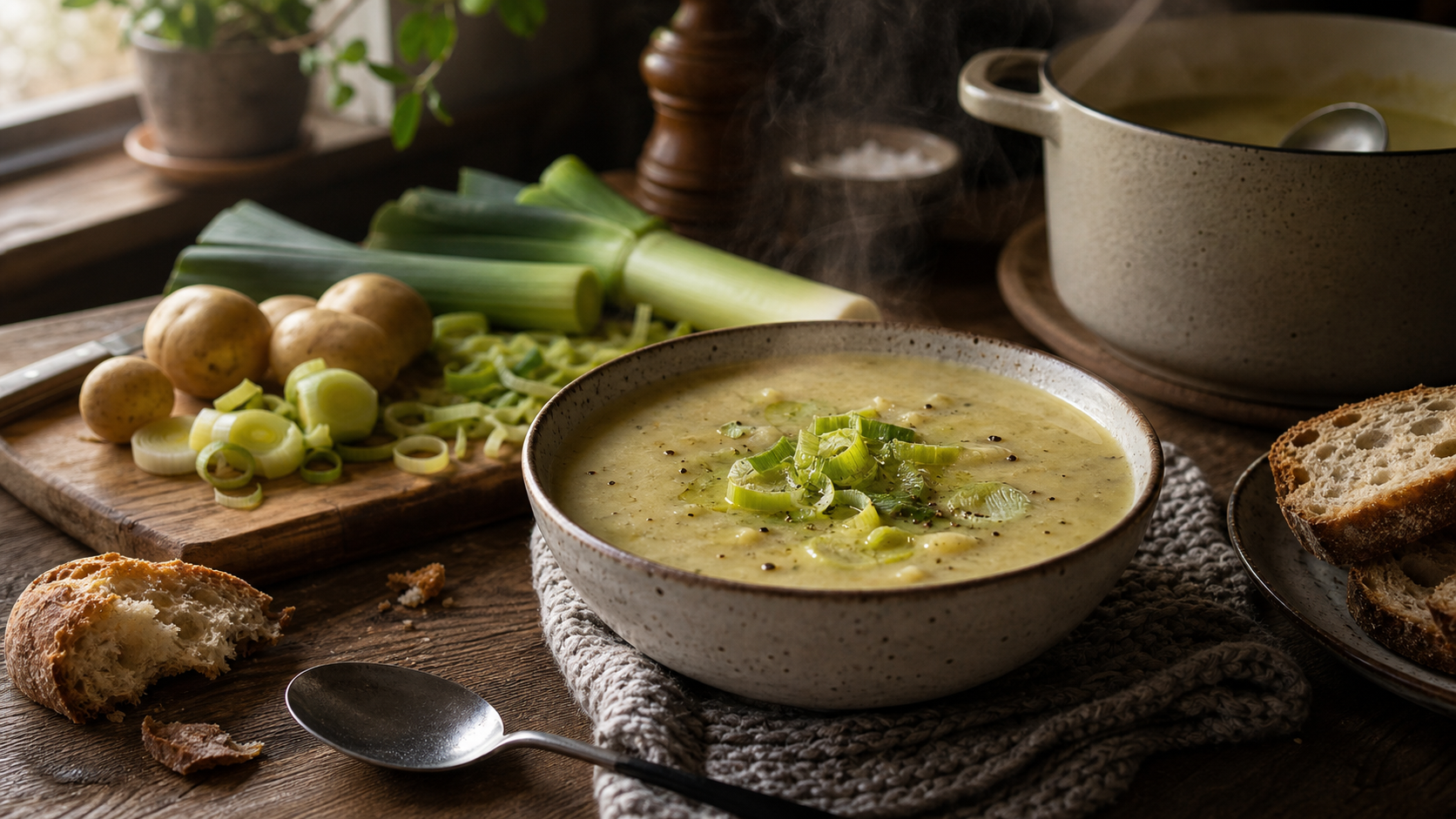 Creamy leek and potato soup on a cozy New Zealand kitchen table