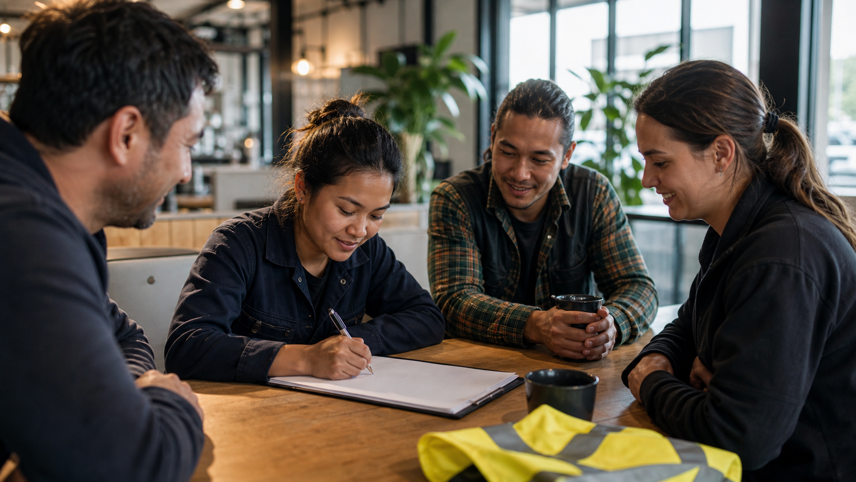 A diverse team reviewing a blank employment agreement in a New Zealand workplace