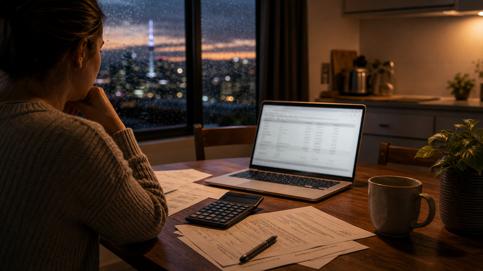 A New Zealand kitchen table with mortgage paperwork and calculator on a rainy evening