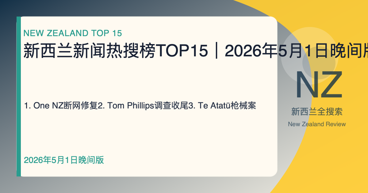新西兰新闻热搜榜TOP15｜2026年5月1日晚间版｜One NZ断网修复、Tom Phillips调查收尾、Te Atatū枪械案 封面图