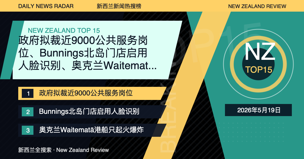 新西兰新闻热搜榜TOP15｜2026年5月19日｜政府拟裁近9000公共服务岗位、Bunnings北岛门店启用人脸识别、奥克兰Waitematā港船只起火爆炸 封面图