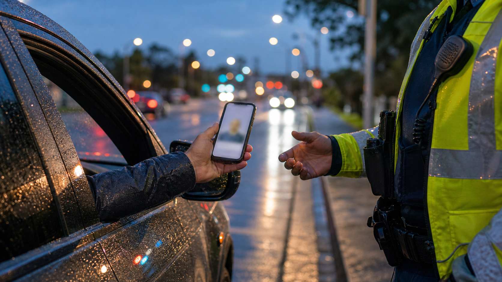 A driver showing a smartphone to a roadside officer in rainy evening conditions, with no readable screen text