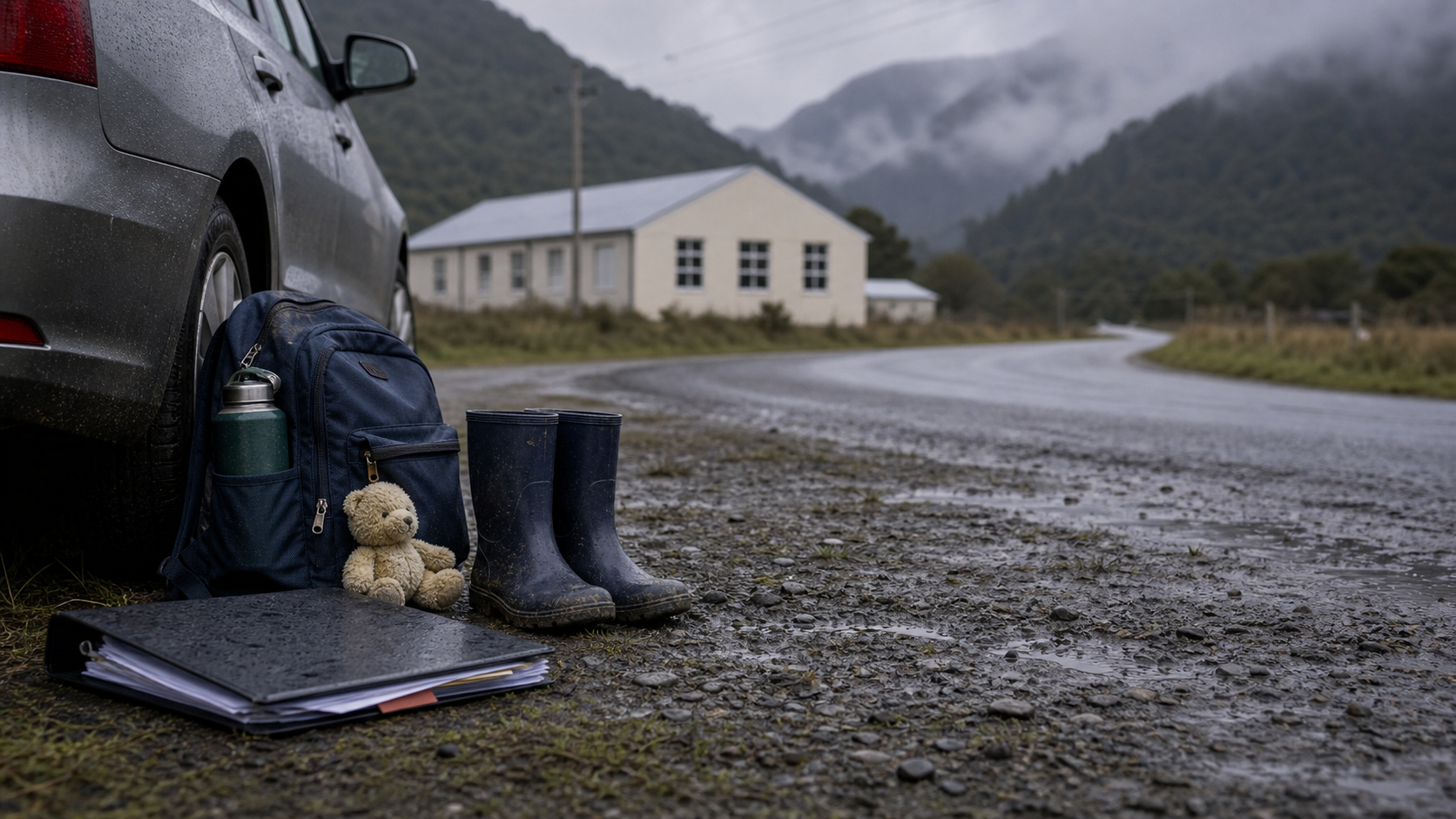 A remote West Coast road with a child school bag and welfare folder near a vehicle