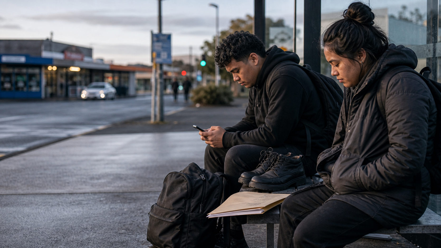 Young adults waiting near a bus stop in a modest New Zealand suburb with job papers face down