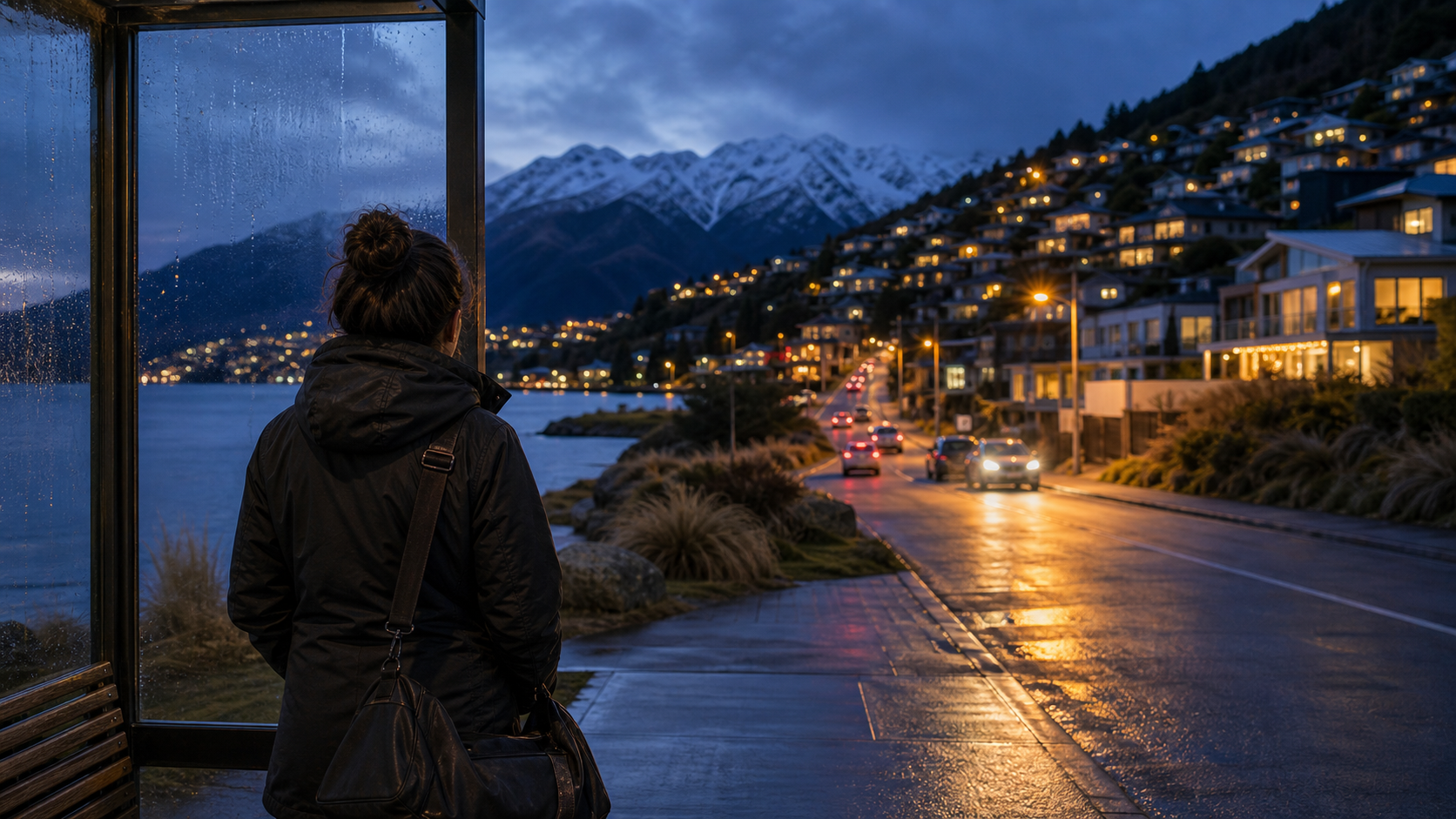 A Queenstown winter evening with a hospitality worker near tourism lights and hillside homes