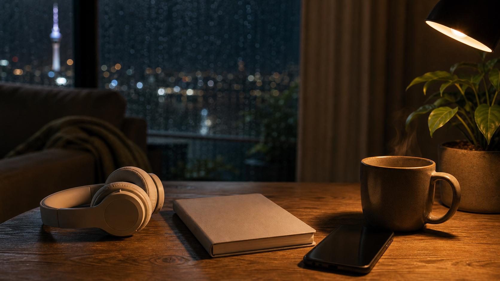 Headphones, a blank notebook and a warm drink on a table beside a rainy New Zealand window