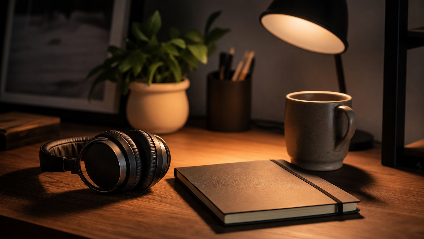 A photorealistic evening desk scene with over-ear headphones beside a notebook and warm lamplight, with no readable text or logos