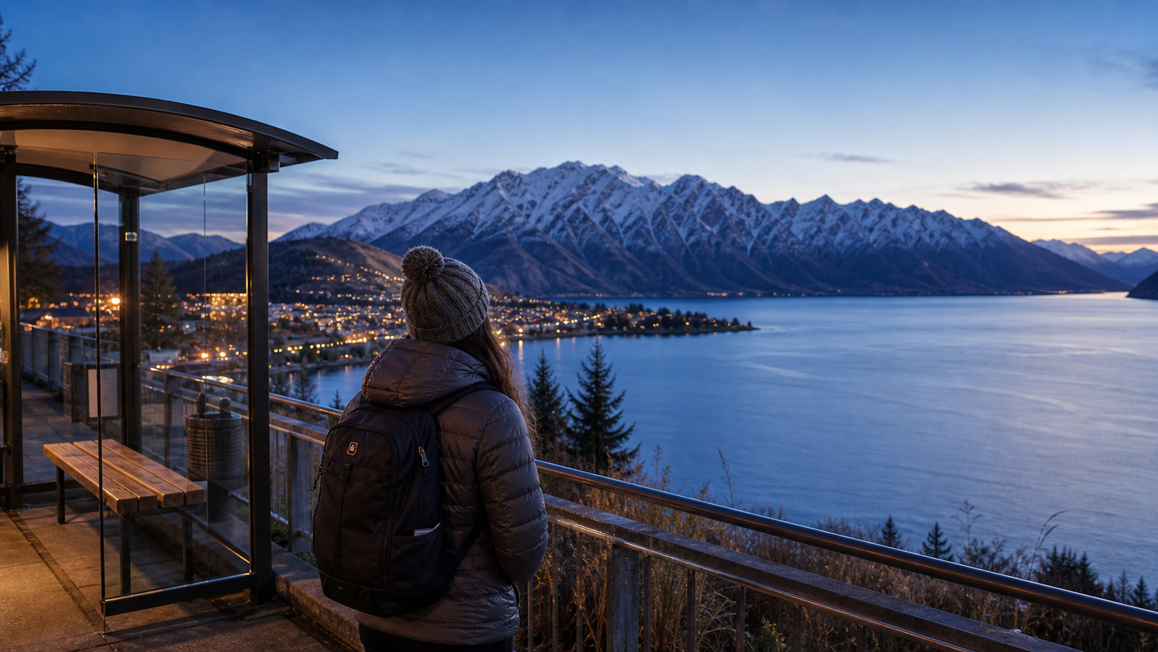 A winter traveller looking over Lake Wakatipu and snowy mountains in Queenstown
