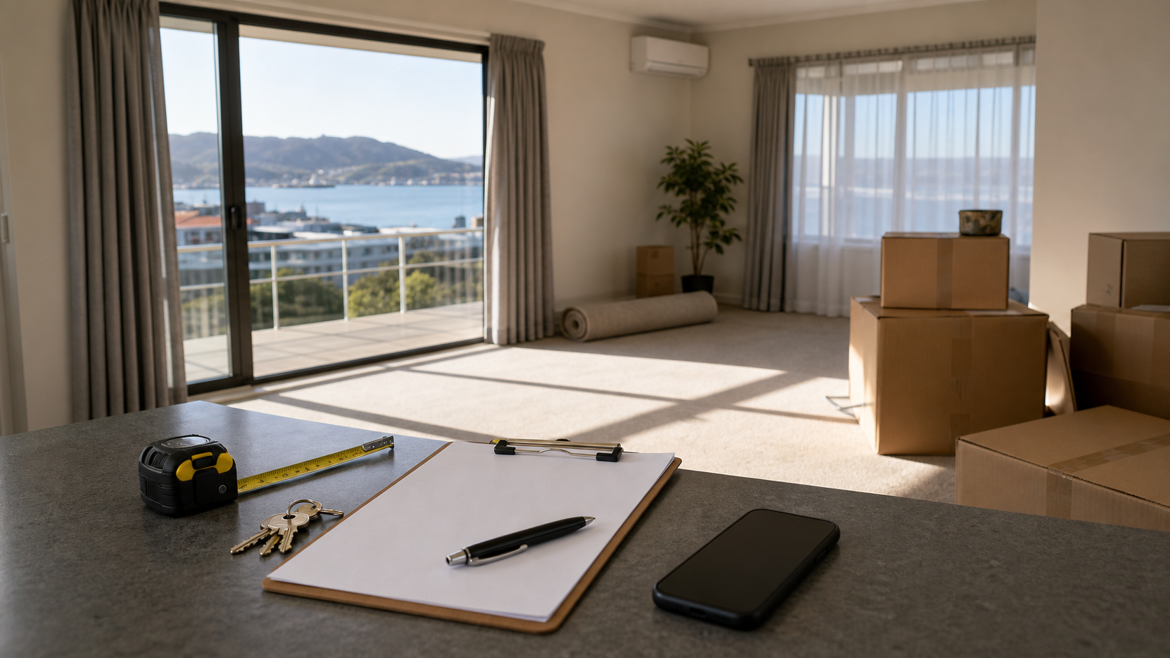 An empty New Zealand rental living room with keys and moving boxes