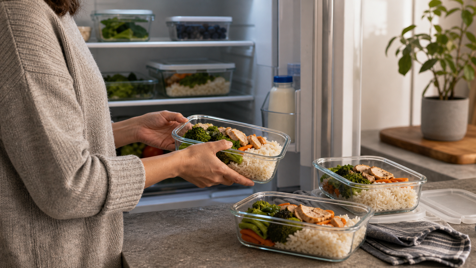 Glass containers of cooked rice and vegetables being placed into a refrigerator