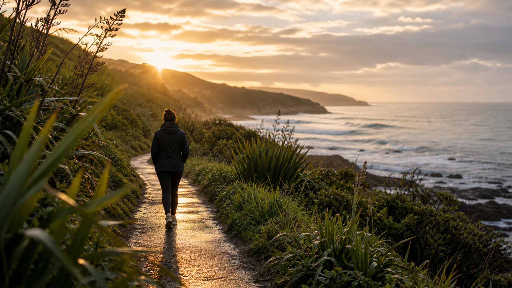 A quiet New Zealand coastal walking track after rain with one person walking away from the camera