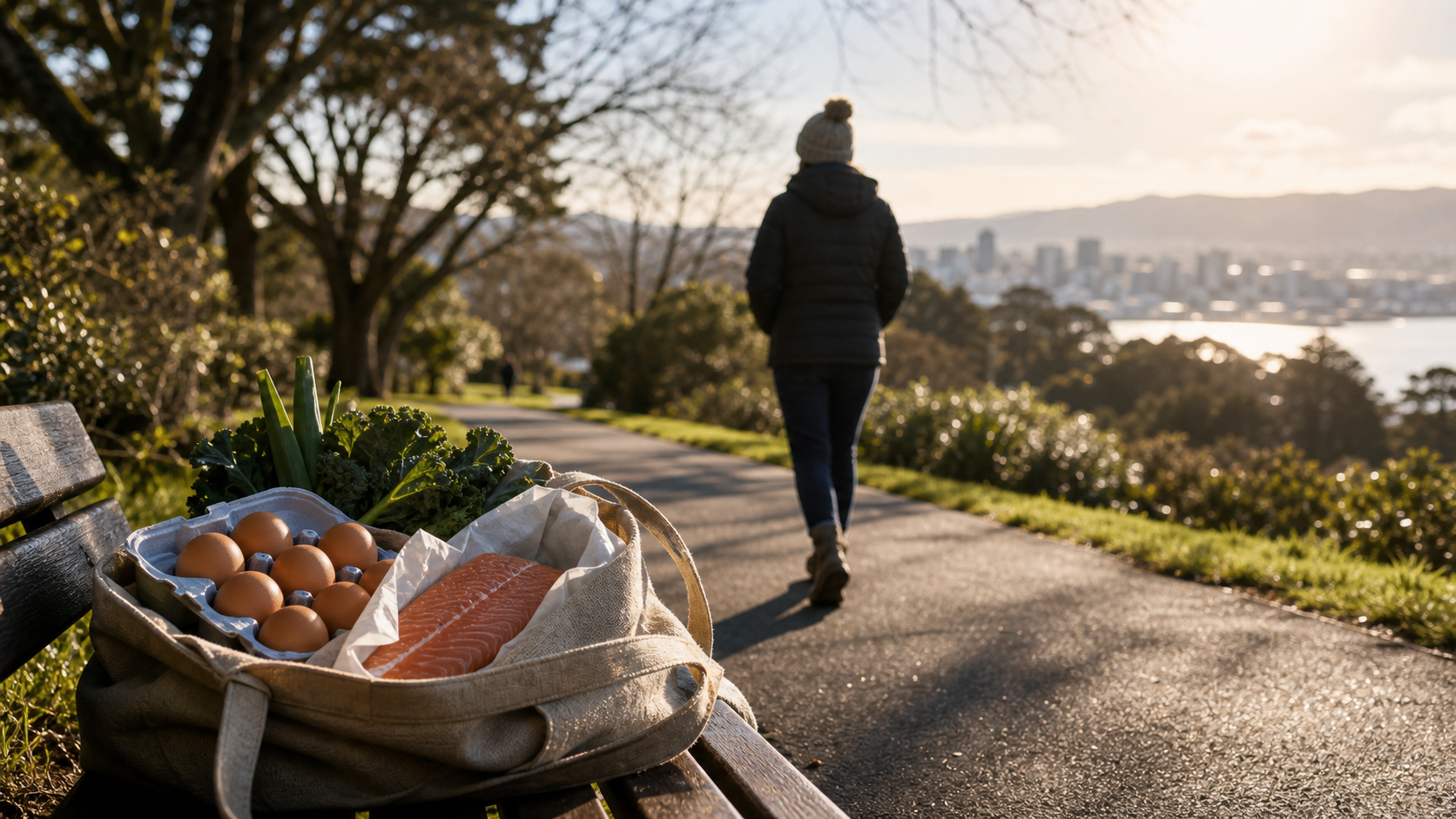 A person walking in a New Zealand winter park with food ingredients in a bag