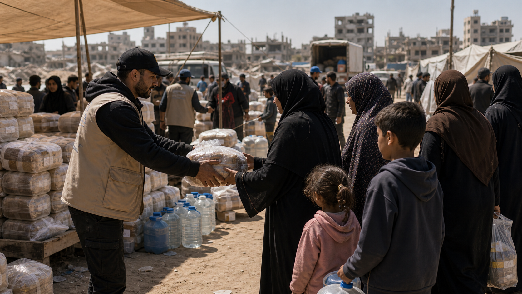 A restrained humanitarian aid distribution scene with parcels and water containers
