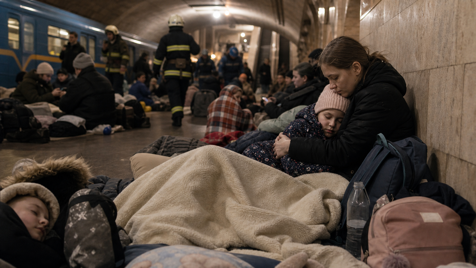 Civilians resting in an underground shelter during an air raid alert