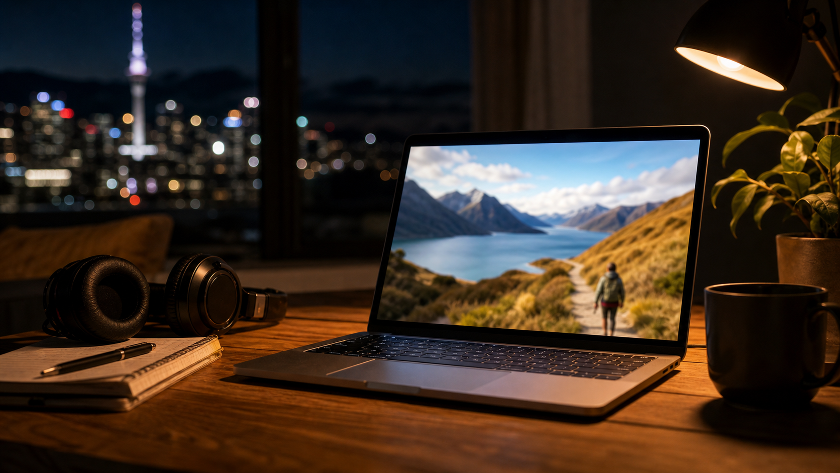 A laptop showing a travel documentary scene in a warm night-time New Zealand apartment