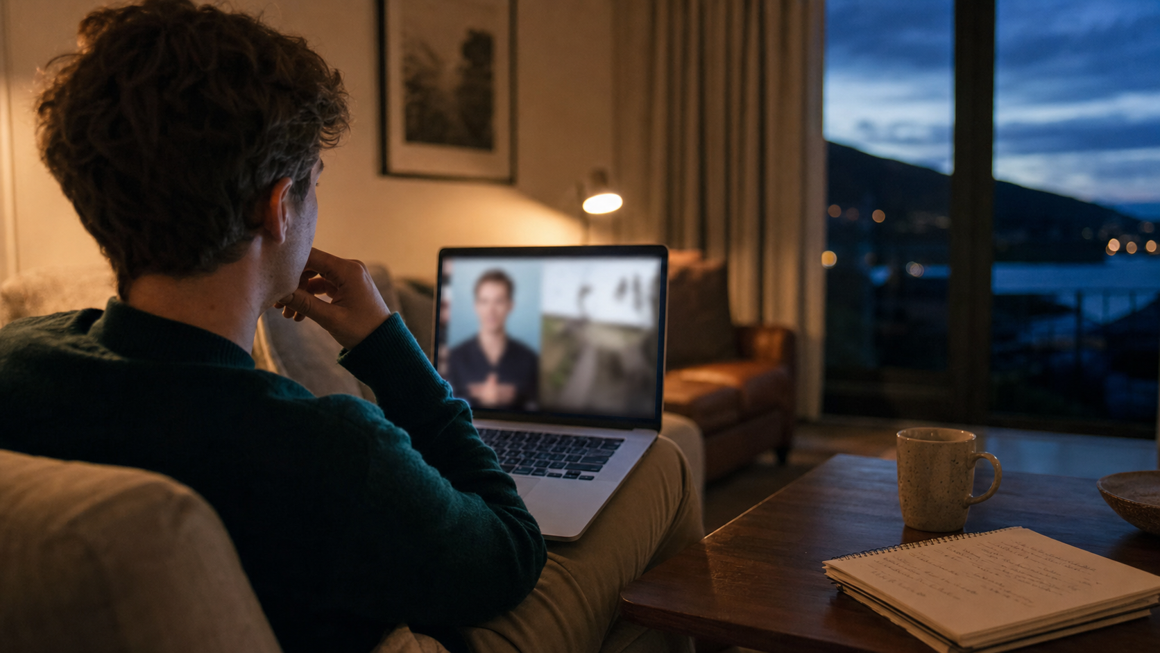 A cozy evening living room scene with a person watching an out-of-focus video on a laptop, a notebook and mug on a coffee table