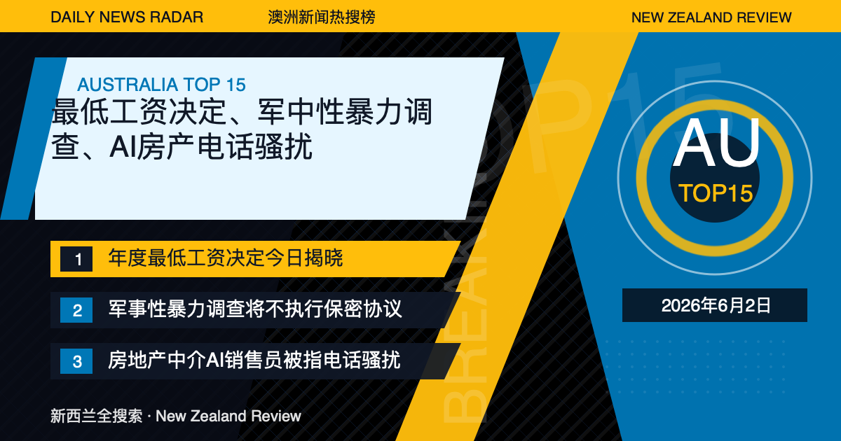 澳洲新闻热搜榜TOP15｜2026年6月2日｜最低工资决定、军中性暴力调查、AI房产电话骚扰 封面图
