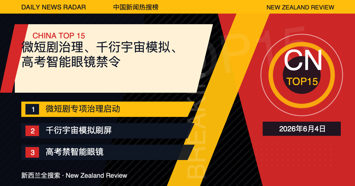 中国新闻热搜榜TOP15｜2026年6月4日｜微短剧治理、千衍宇宙模拟、高考智能眼镜禁令 封面图