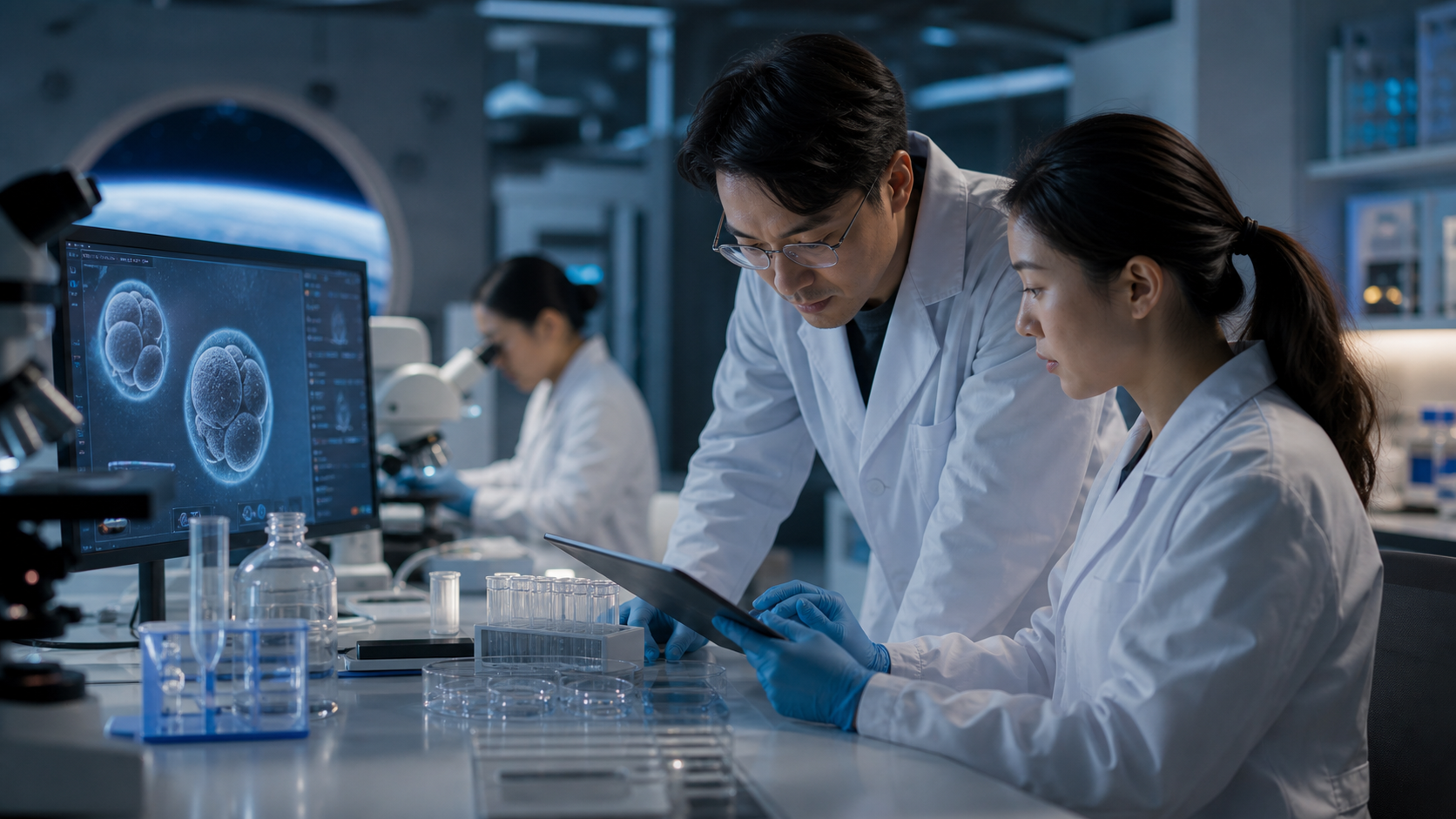 Modern space biology laboratory with researchers and embryo imaging equipment, no text