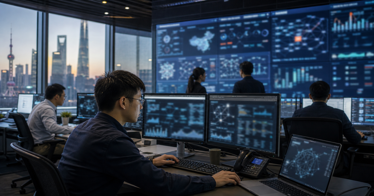 Chinese technology operations room and telecom infrastructure scene