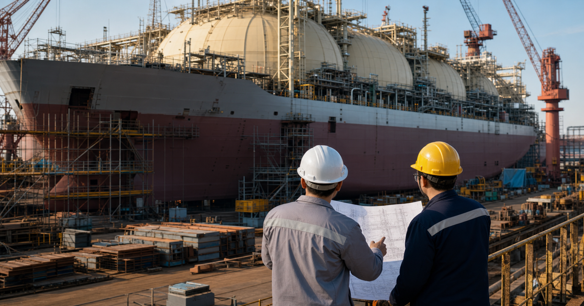 中国大型 LNG 运输船在船厂码头建造和下水