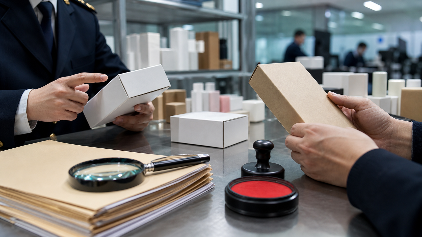 Unbranded product packages and official files are compared in a China retail inspection office
