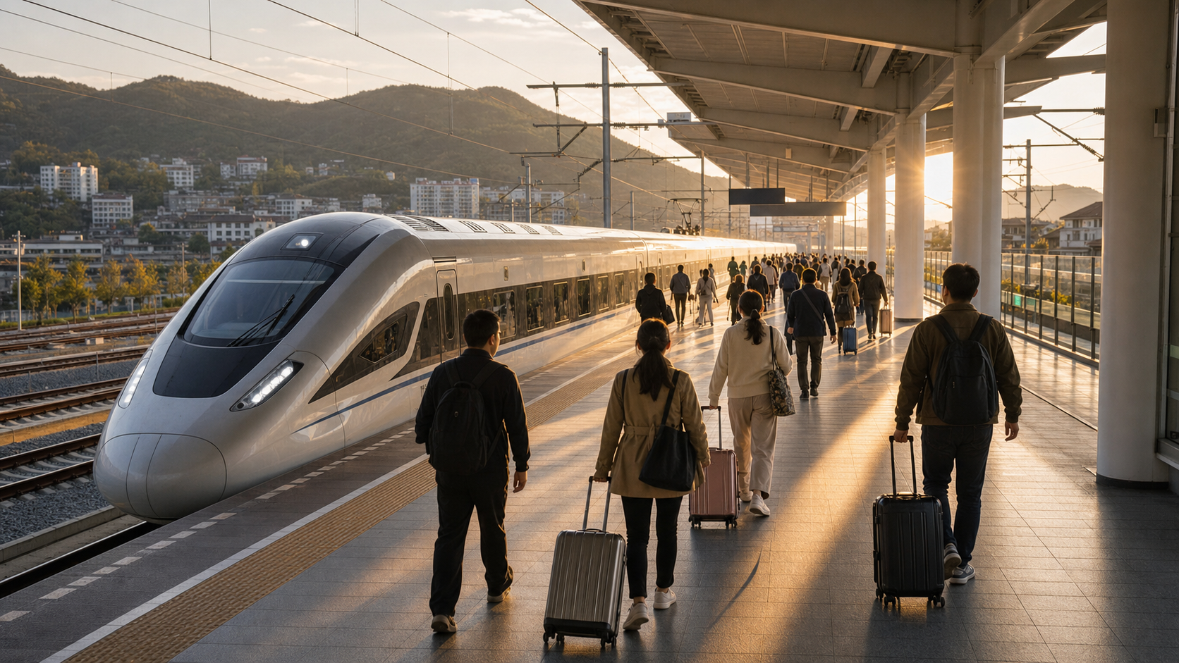 Passengers boarding a high-speed train at a Chinese regional station
