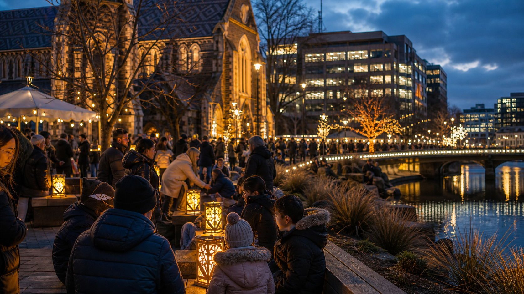 Christchurch winter evening community event with families and soft lights, no text
