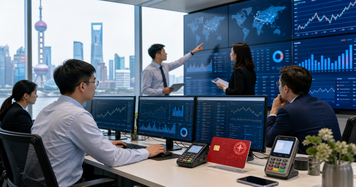 Shanghai financial operations room with digital payment terminals