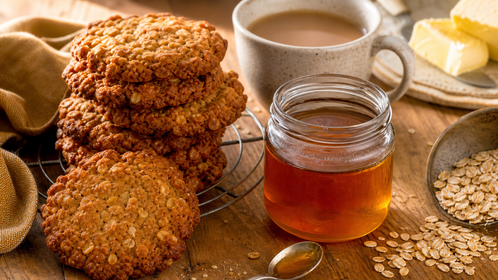 木桌上的 Anzac biscuits、金糖浆、燕麦和热茶