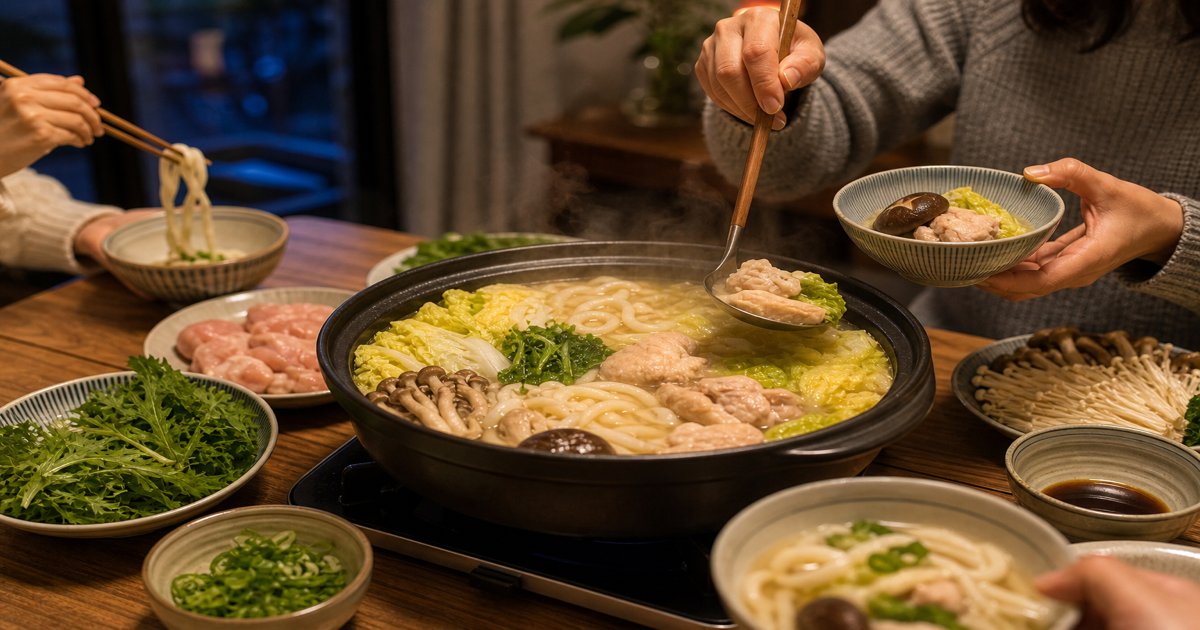 餐桌上的鸡腿白菜乌冬热锅