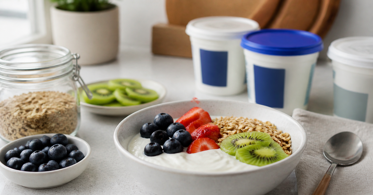 真实Greek yoghurt、莓果、燕麦和奇异果早餐场景