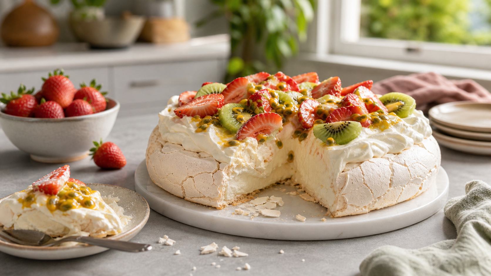 新鲜水果和奶油装饰的 pavlova 甜点
