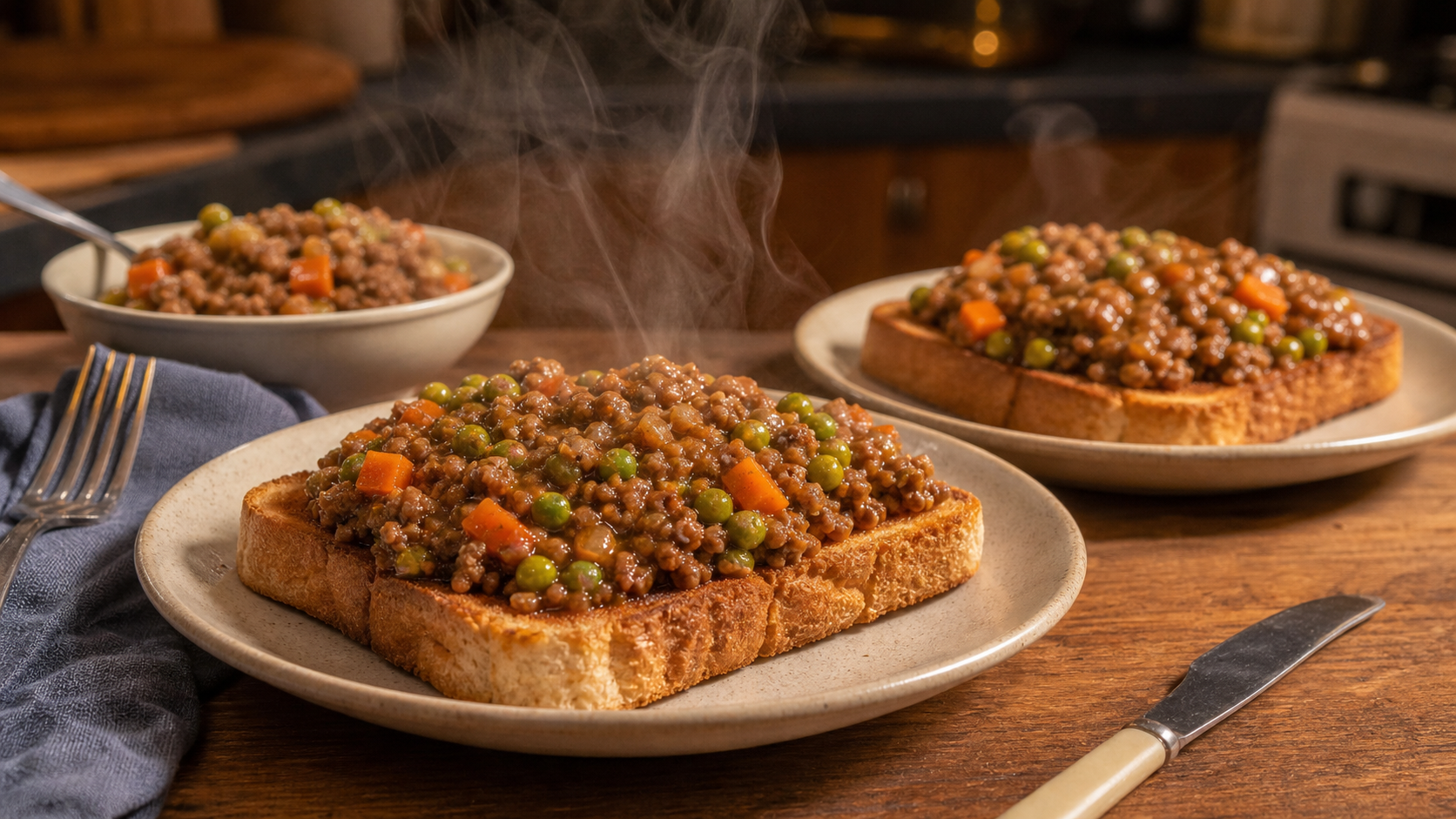 热腾腾的 savoury mince 浇在厚吐司上