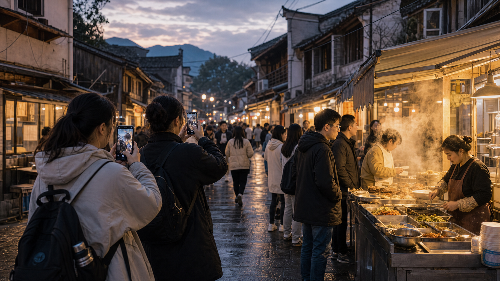 中国县城夜晚街头小吃摊和年轻游客