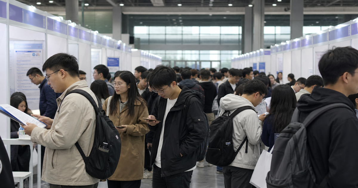 中国大学毕业生在招聘会现场寻找工作机会