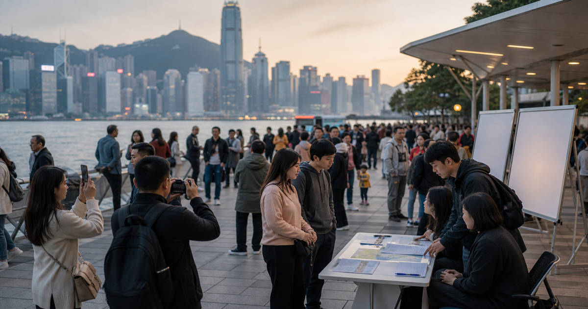 香港海滨游客与城市天际线
