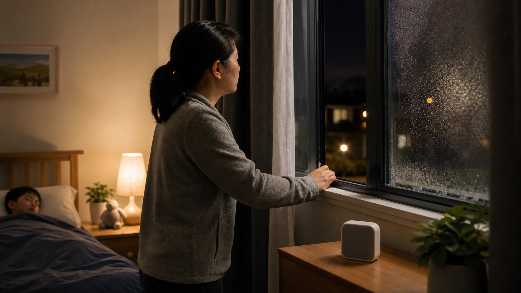 A parent opens a bedroom window on a cold night while a child sleeps nearby