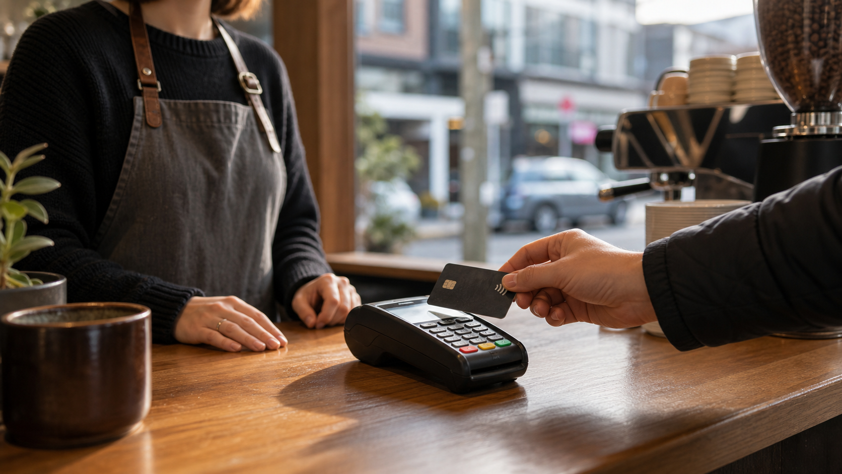 Contactless card payment at a New Zealand cafe counter, realistic editorial image with no text
