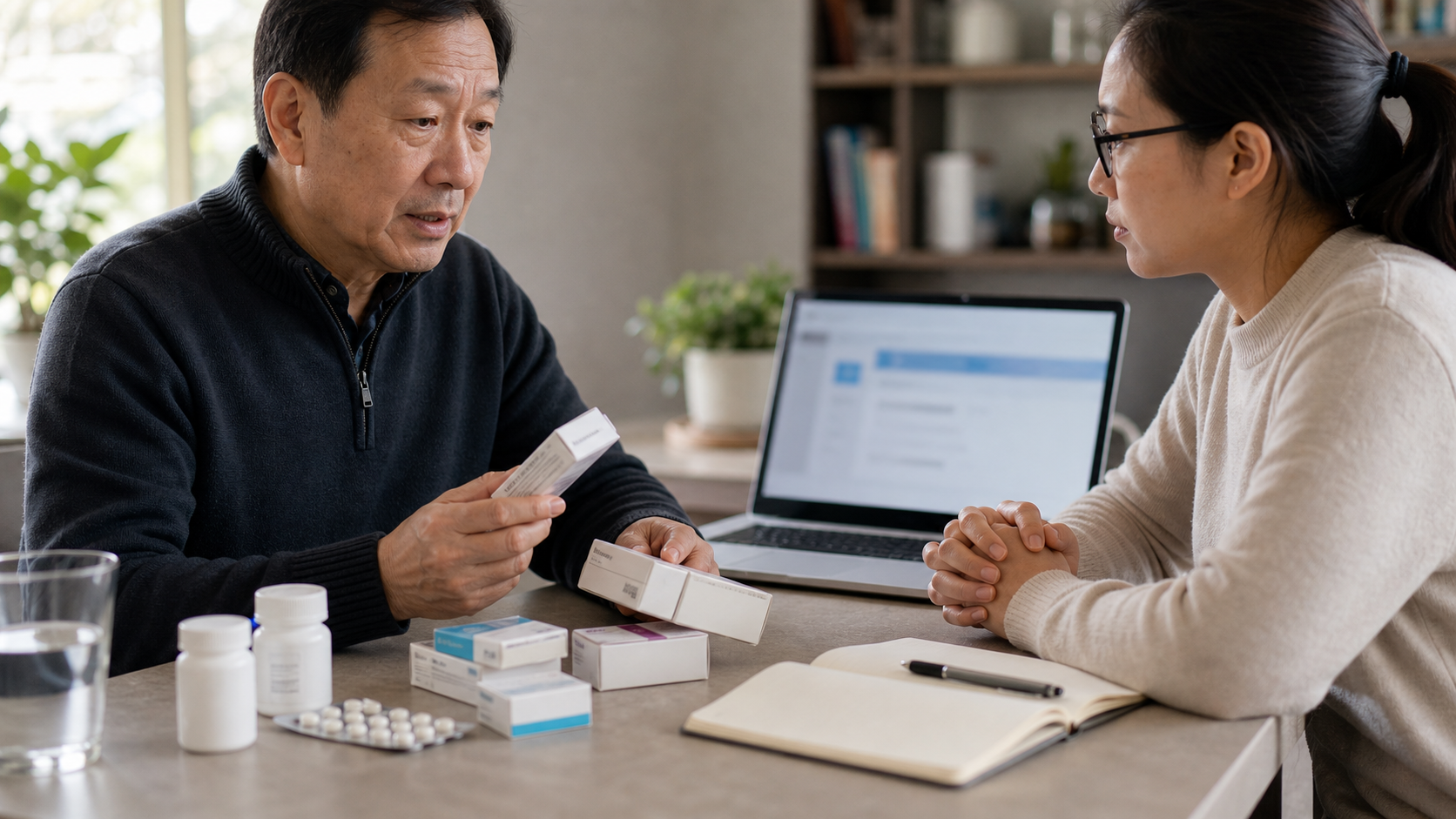A patient and health professional discuss medicine boxes at a kitchen table