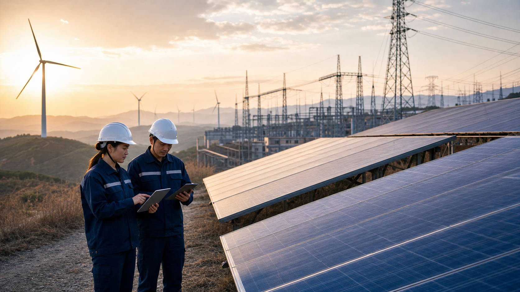 Engineers inspect solar panels near wind turbines and power transmission lines