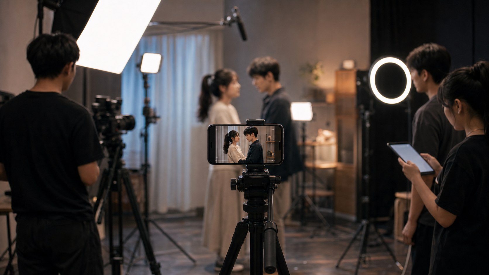 Smartphone filming setup in a compact video studio with blurred actors and lights, no readable text