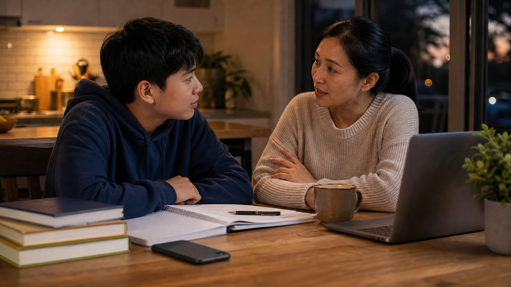 A teenager and parent talk at a kitchen table with a phone turned face down